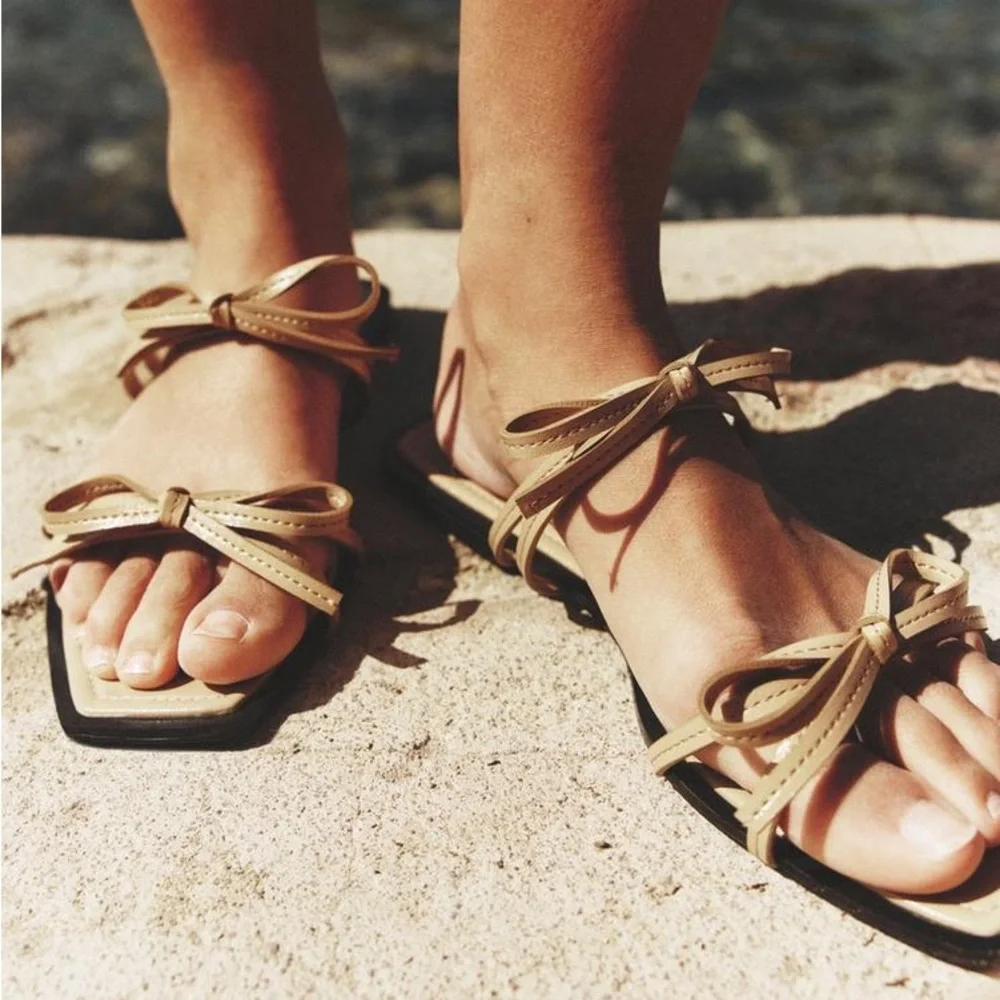 ZARA NUDE BOW TRIM FLAT SANDALS - Picture 2 of 7